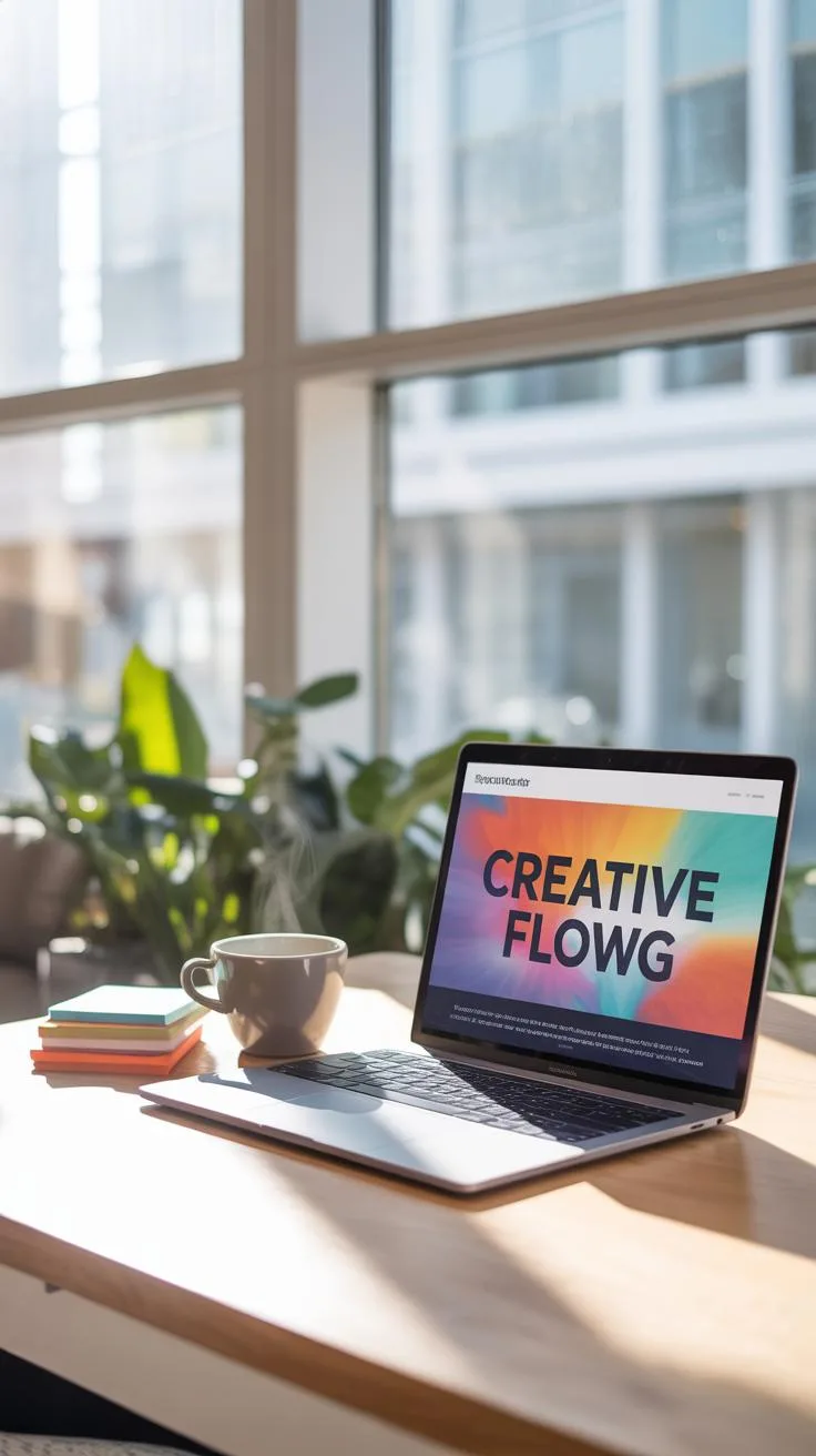 A laptop on a wooden desk displays a colorful graphic with the words 'CREATIVE FLOWG' on its screen, with a coffee mug and sticky notes beside it, set