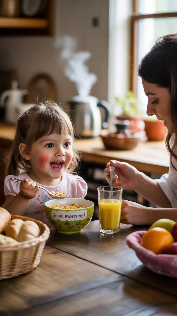 A smiling young girl with food on her cheek sits at a wooden table, eating cereal from a green bowl, while a woman in a white shirt, holding a spoon a
