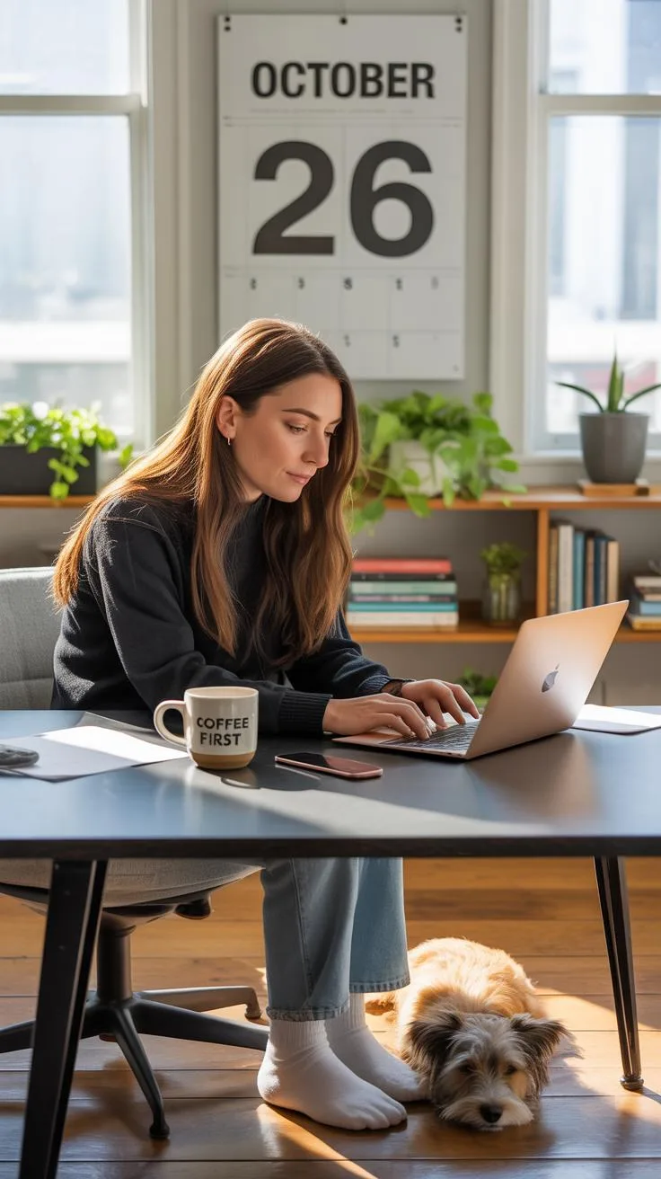 A young woman with long brown hair sits barefoot at a desk, typing on a laptop, with a small dog sleeping on the floor beside her. A large calendar sh
