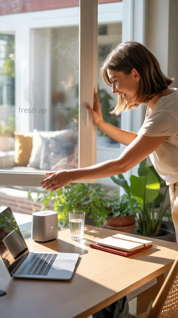A smiling young woman with light brown hair is opening a large window in a bright room, while a laptop, a white air purifier, a glass of water, and a