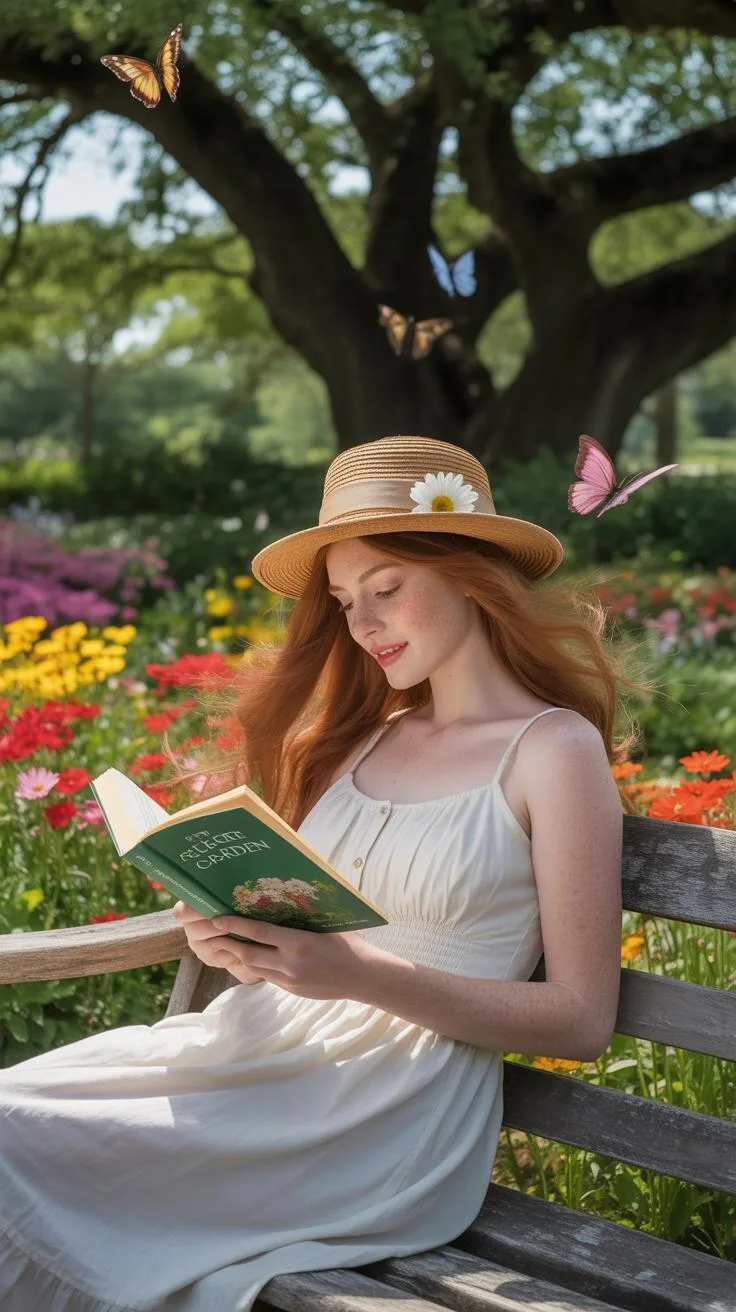 A young woman with long red hair and a straw hat with a daisy sits on a wooden bench in a garden, reading an open green book. She wears a light-colore