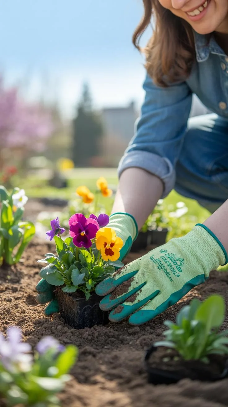 A smiling young woman with dark hair, wearing a denim shirt and green gardening gloves, is shown from the chest down, kneeling in a garden bed to plan