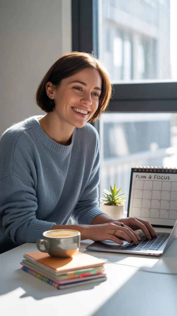 A smiling young woman with short brown hair wears a light blue sweater and works on a silver laptop at a sunlit white desk, with a coffee cup, noteboo