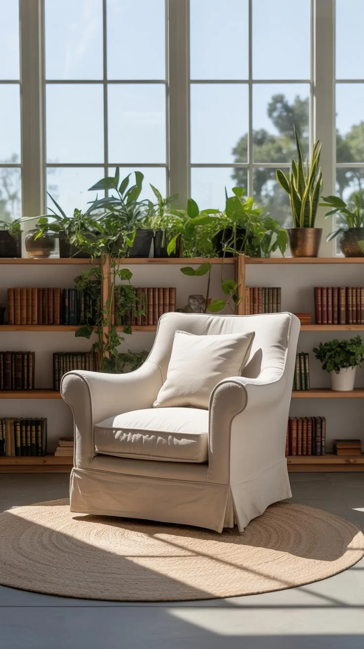 A cream-colored armchair with a throw pillow sits on a circular braided rug in a sunlit room, surrounded by bookshelves filled with books and numerous