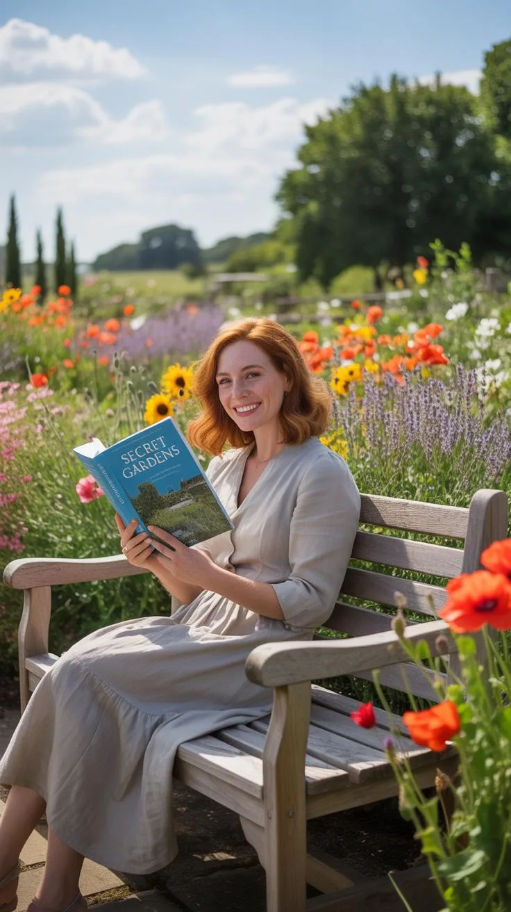 A smiling woman with red hair sits on a wooden bench in a sunny flower garden, holding an open blue book.