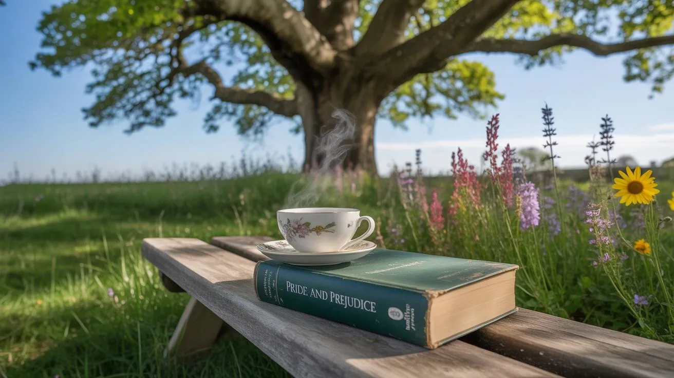 A white teacup with steam rising from it sits on a saucer atop a green-bound book, placed on a weathered wooden bench in a sunlit grassy field with wi