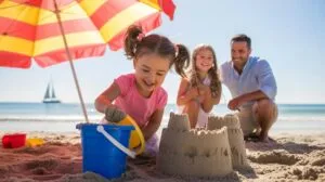 Two young girls with ponytails build sandcastles on a sunny beach, while a man smiles at them from behind. A colorful striped beach umbrella shades th