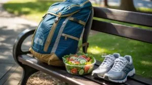 A blue and tan backpack, a clear bowl of salad, and a pair of gray and white running shoes are sitting on a wooden park bench on a sunny day.