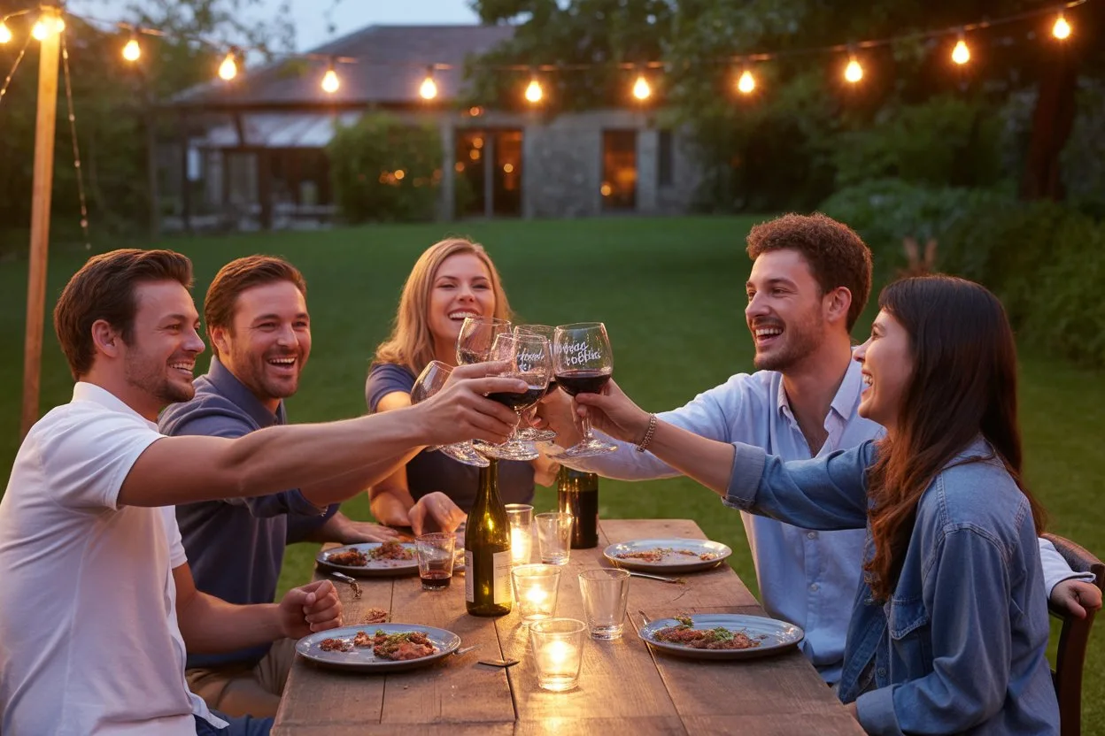 Six smiling people, three men and three women, are seated around an outdoor wooden dining table, toasting with glasses of red wine under string lights