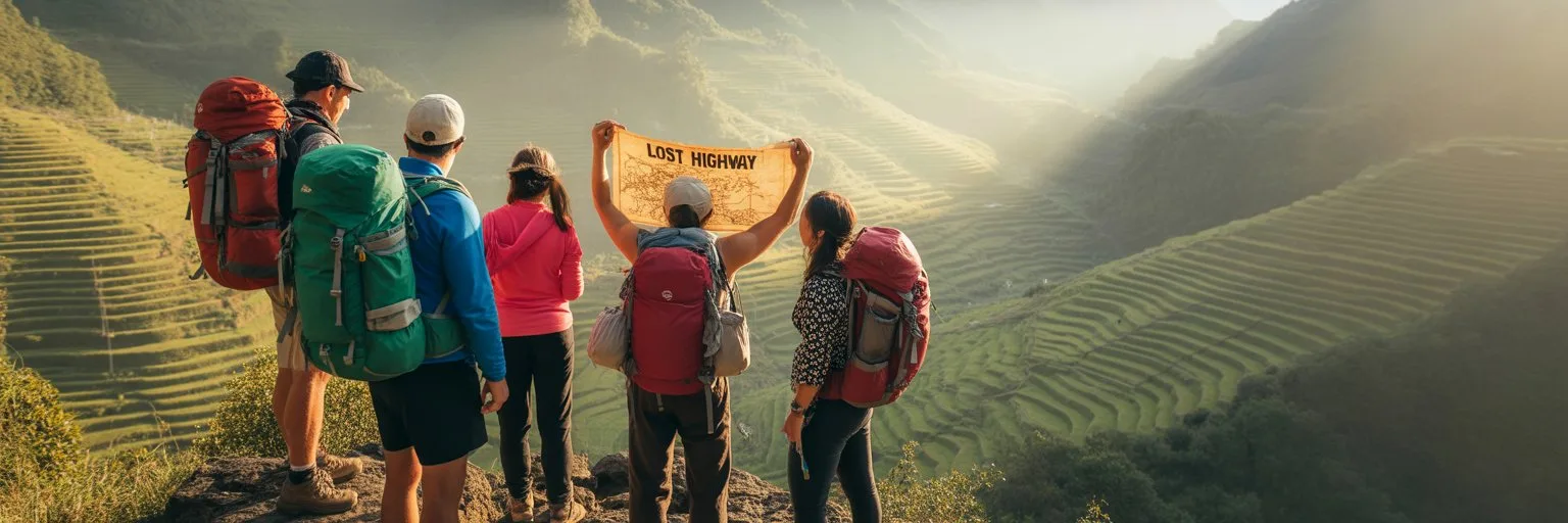 Five hikers with backpacks stand on a cliff overlooking terraced green hills, with one person holding up a map or banner. The sky is hazy and bright o