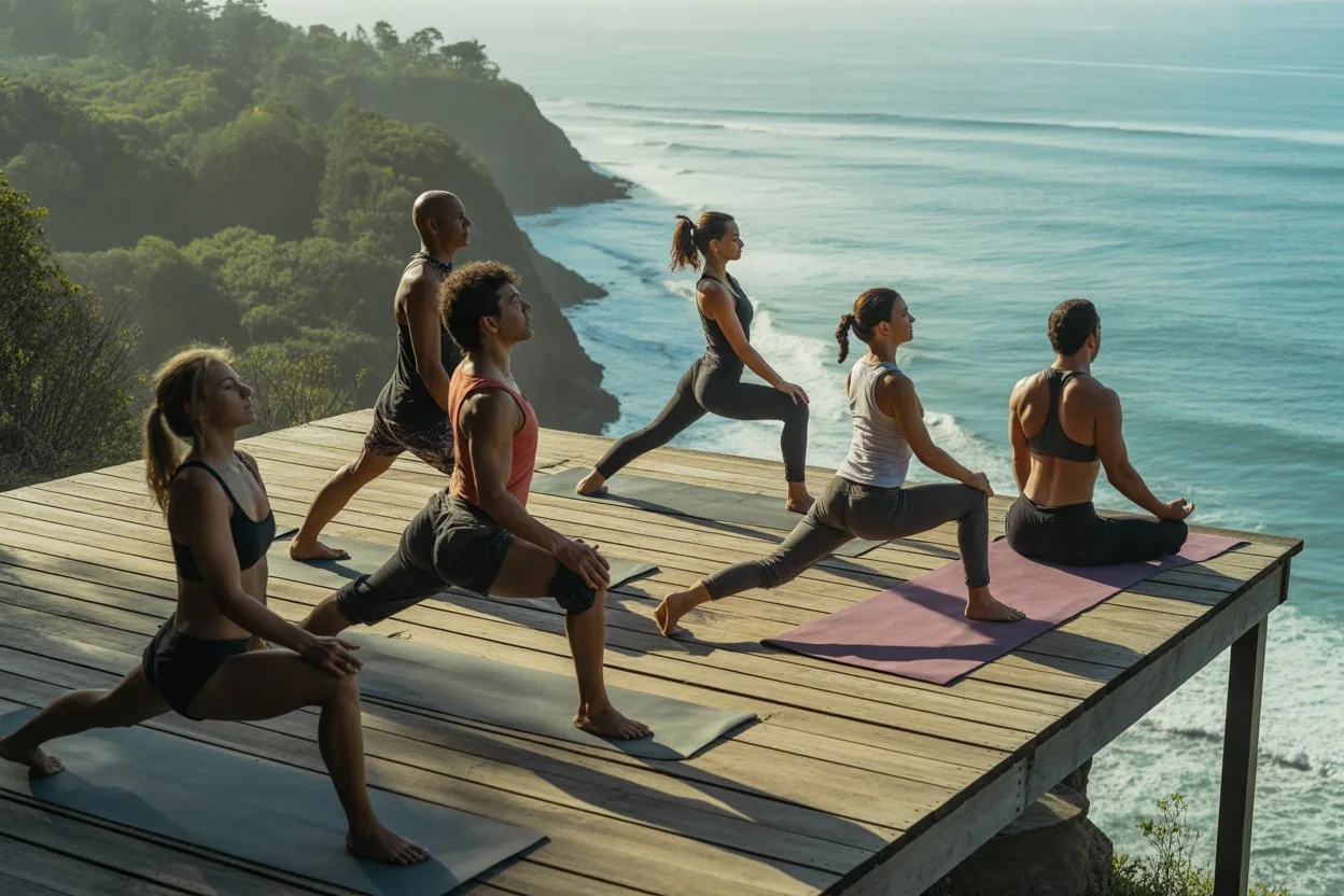 Seven individuals are practicing yoga in various lunge and warrior poses on a wooden deck overlooking a lush green cliffside and the blue ocean.