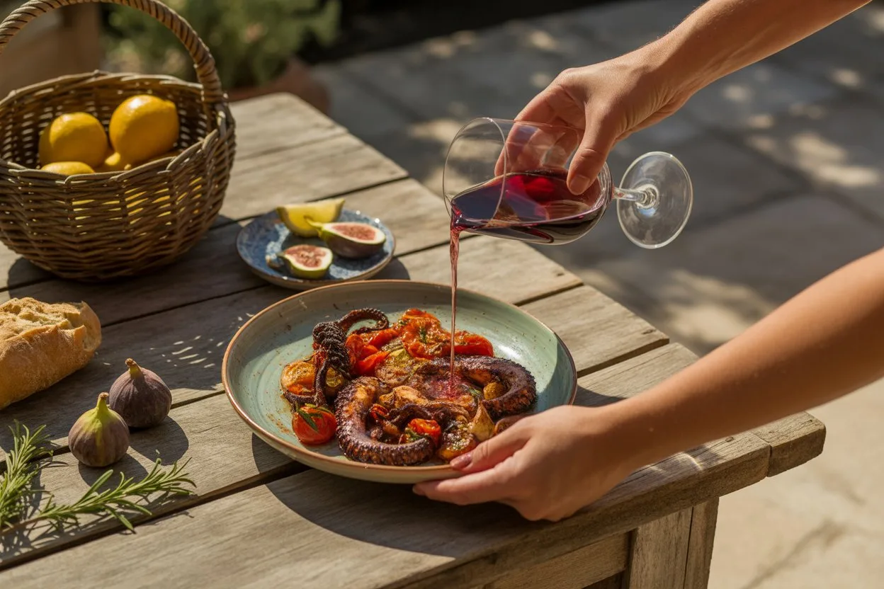A person's hands pour red wine from a glass over a plate of cooked octopus and cherry tomatoes on a rustic wooden outdoor table, with a basket of lemo