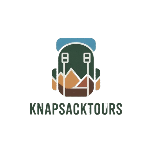 A stylized logo features a backpack icon in green, blue, brown, and white, with mountain peaks visible in the lower section, above the dark green text