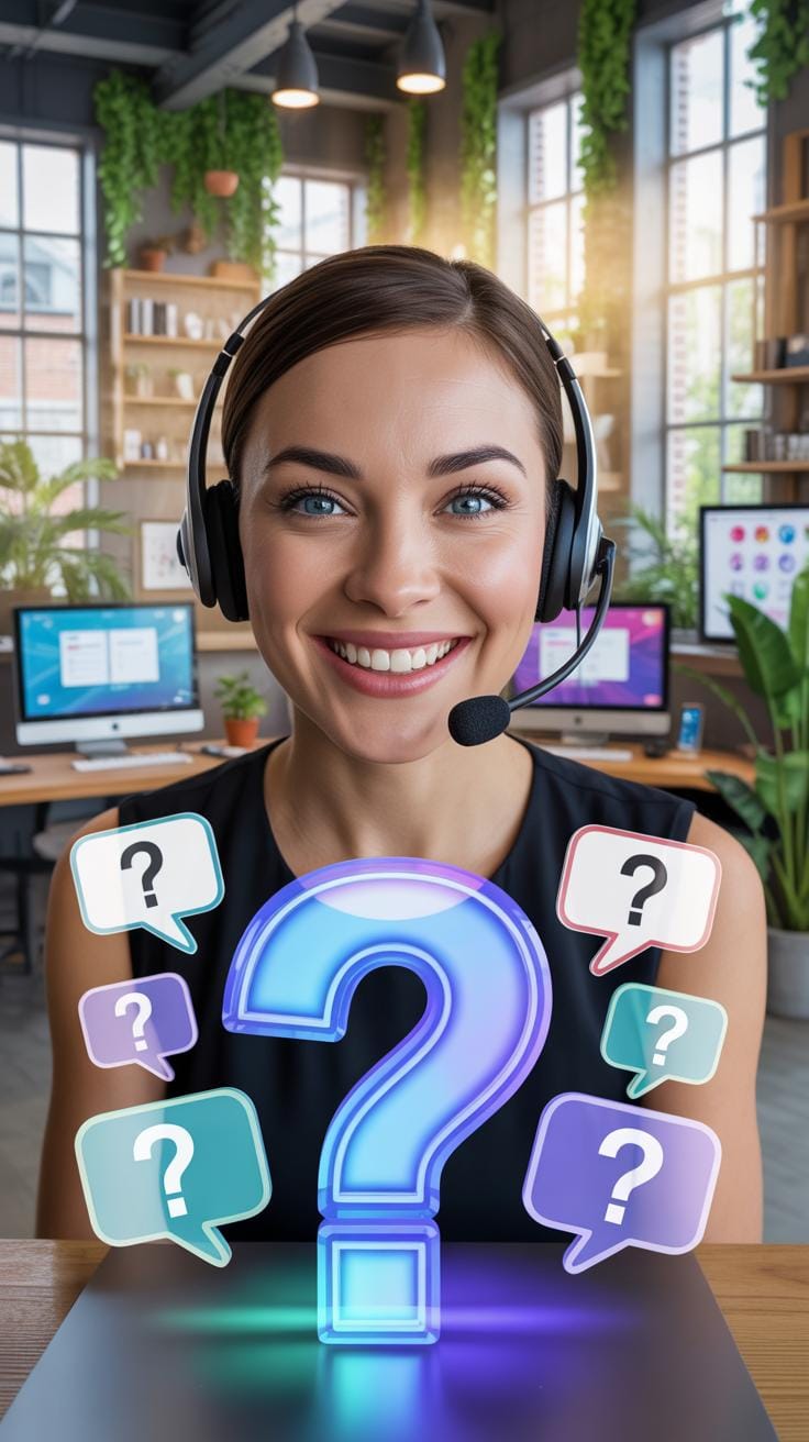 A smiling young woman with dark hair and a headset looks directly at the viewer, with a glowing blue question mark and several smaller question mark s