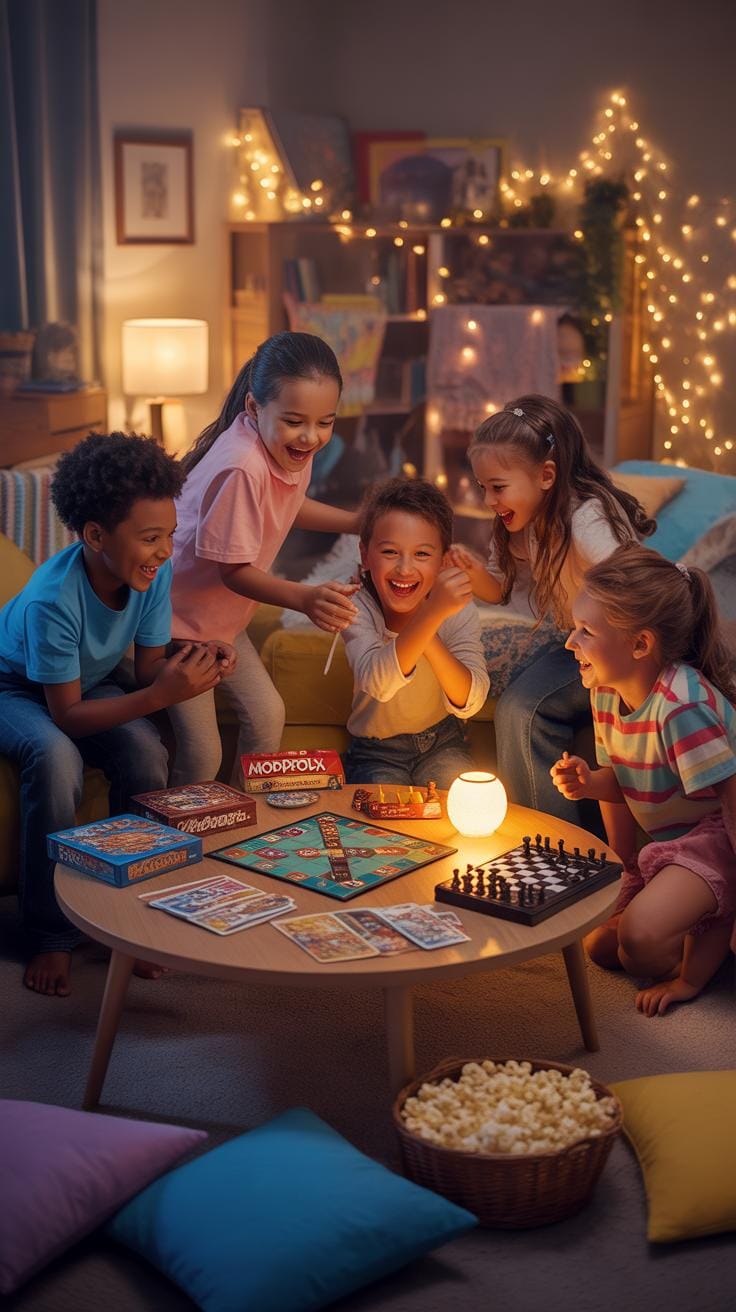 A group of six diverse children, two boys and four girls, are gathered around a low wooden coffee table playing board games in a cozy living room illu