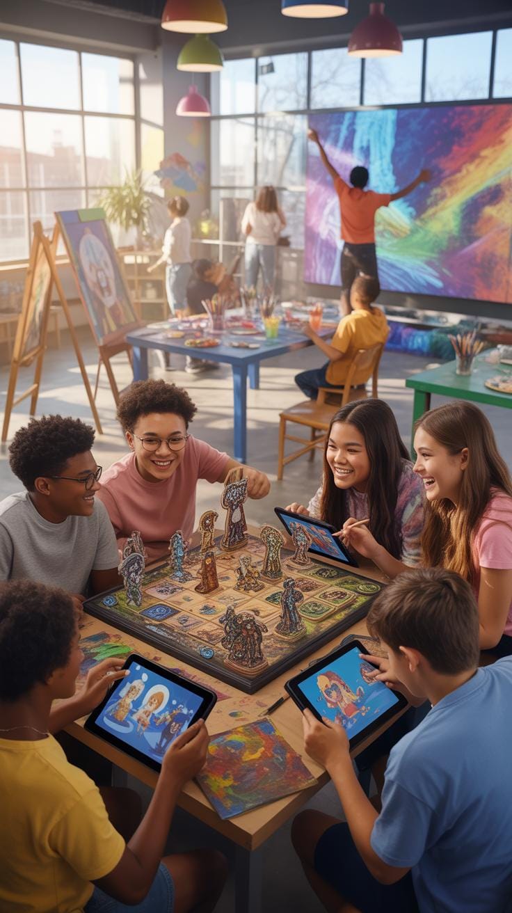 A diverse group of middle school-aged children are engaged in various creative activities within a bright, open studio space, including playing a boar