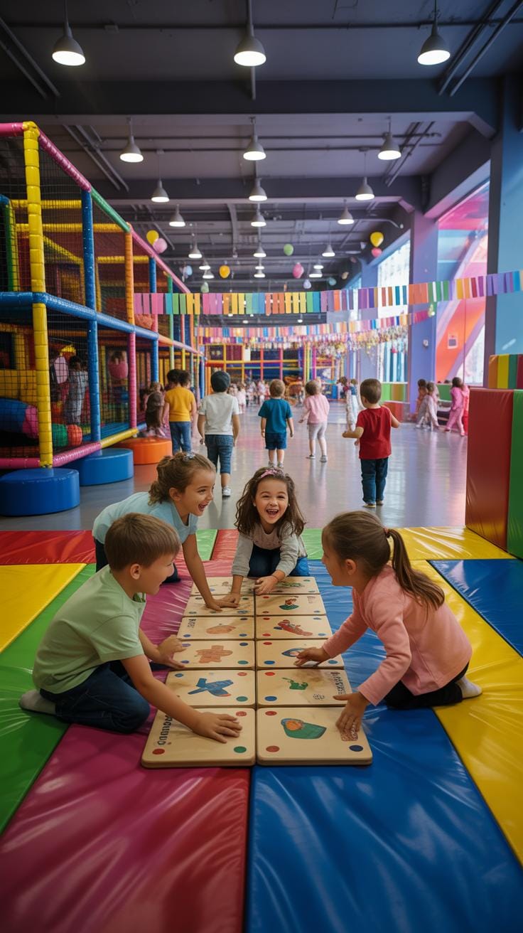 Four young children, two boys and two girls, sit on a colorful padded floor playing a board game in the foreground of a brightly lit indoor playground