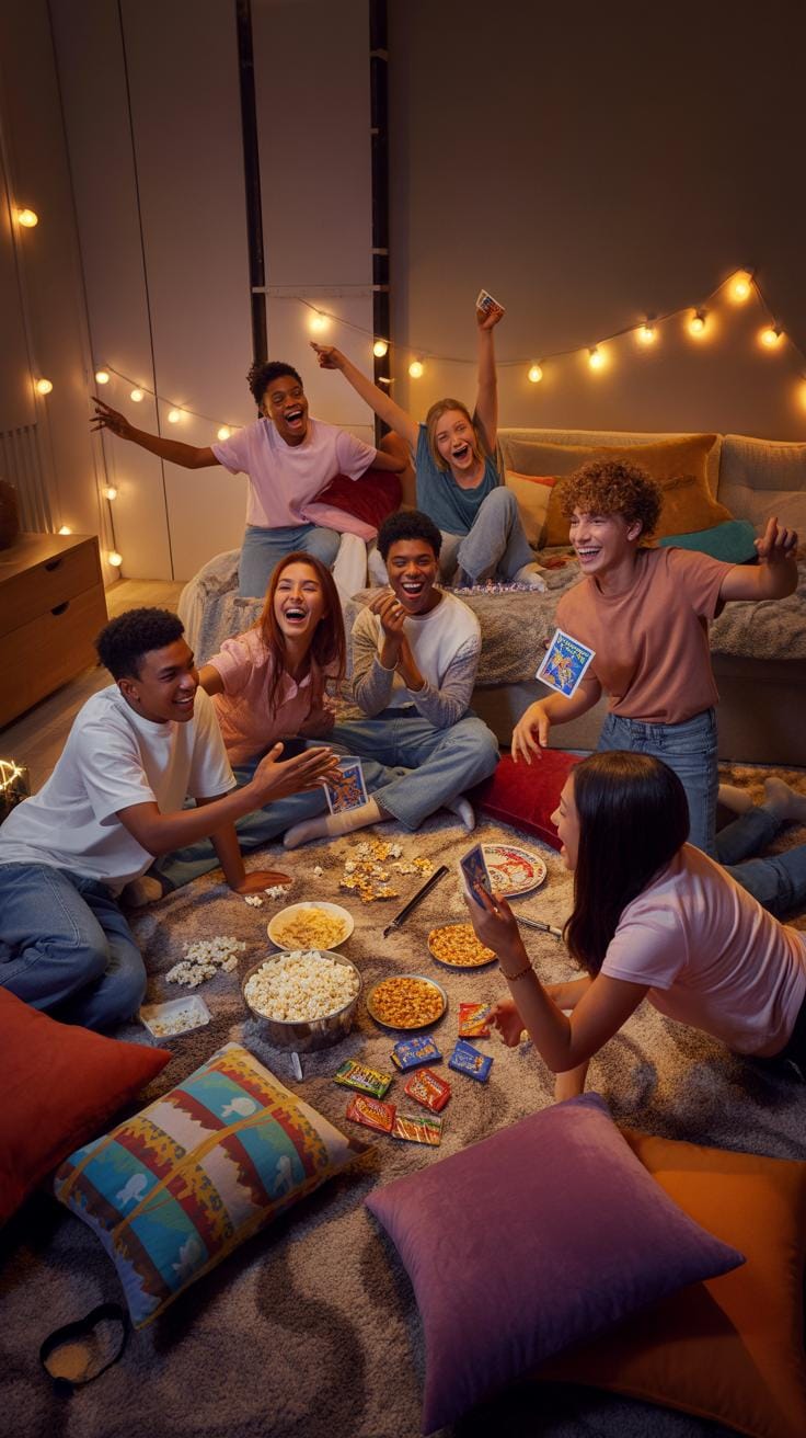 A group of eight diverse young adults, some sitting on the floor and some standing, laugh and interact in a cozy room lit by string lights. They are g