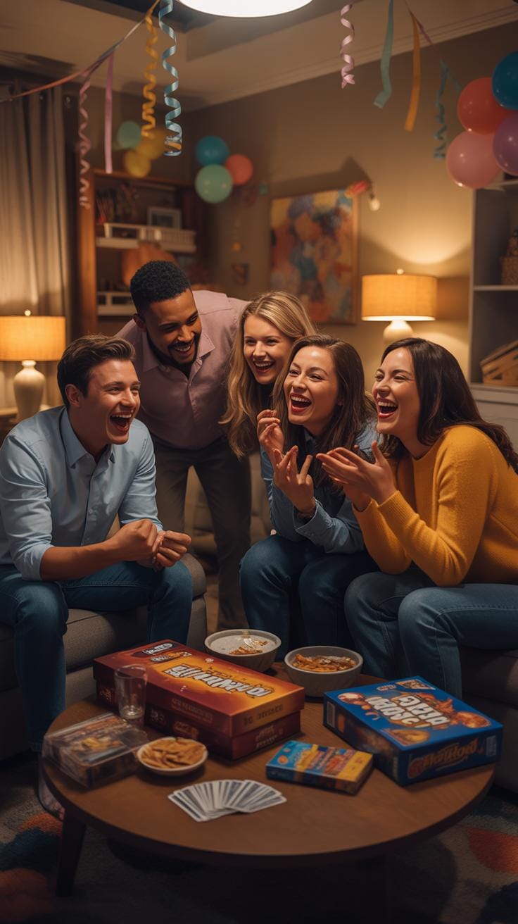 Five diverse adults, three women and two men, are gathered in a brightly lit living room, laughing and playing board games arranged on a round coffee
