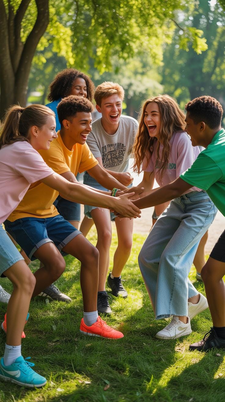 Seven diverse teenagers are laughing and holding hands in a circle outdoors on a sunny day in a grassy park with trees in the background, all looking