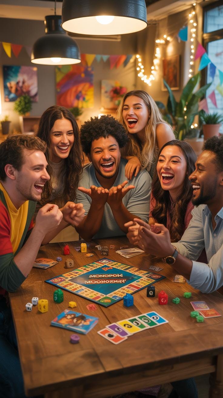 A group of six diverse young adults, three men and three women, sit around a wooden table indoors, laughing and playing a board game under string ligh