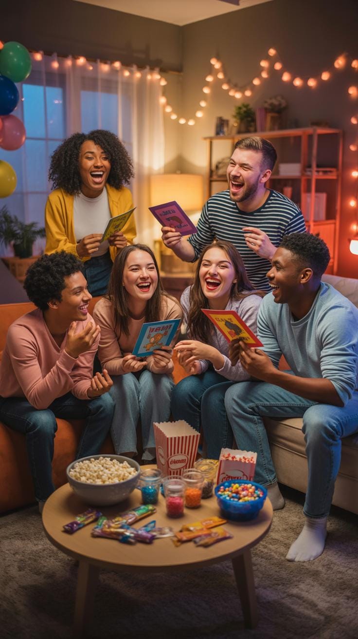 A group of six diverse young adults, three men and three women, sit on a couch and a floor cushion in a warmly lit living room, laughing together whil