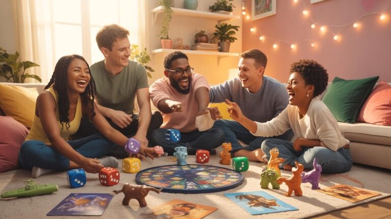 Five diverse young adults are sitting on a light-colored rug, playing a board game with colorful dice and animal figurines. They are laughing and inte