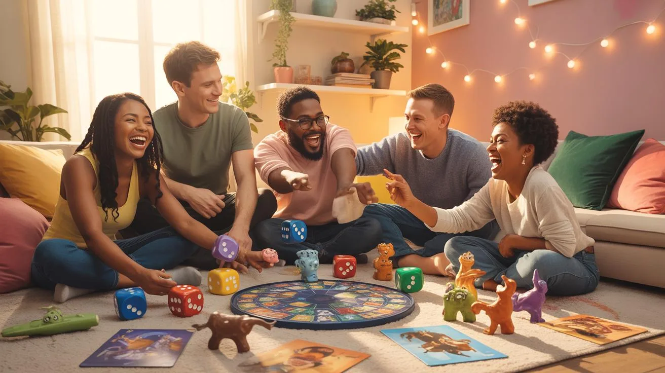 Five diverse young adults are sitting on a light-colored rug, playing a board game with colorful dice and animal figurines. They are laughing and inte