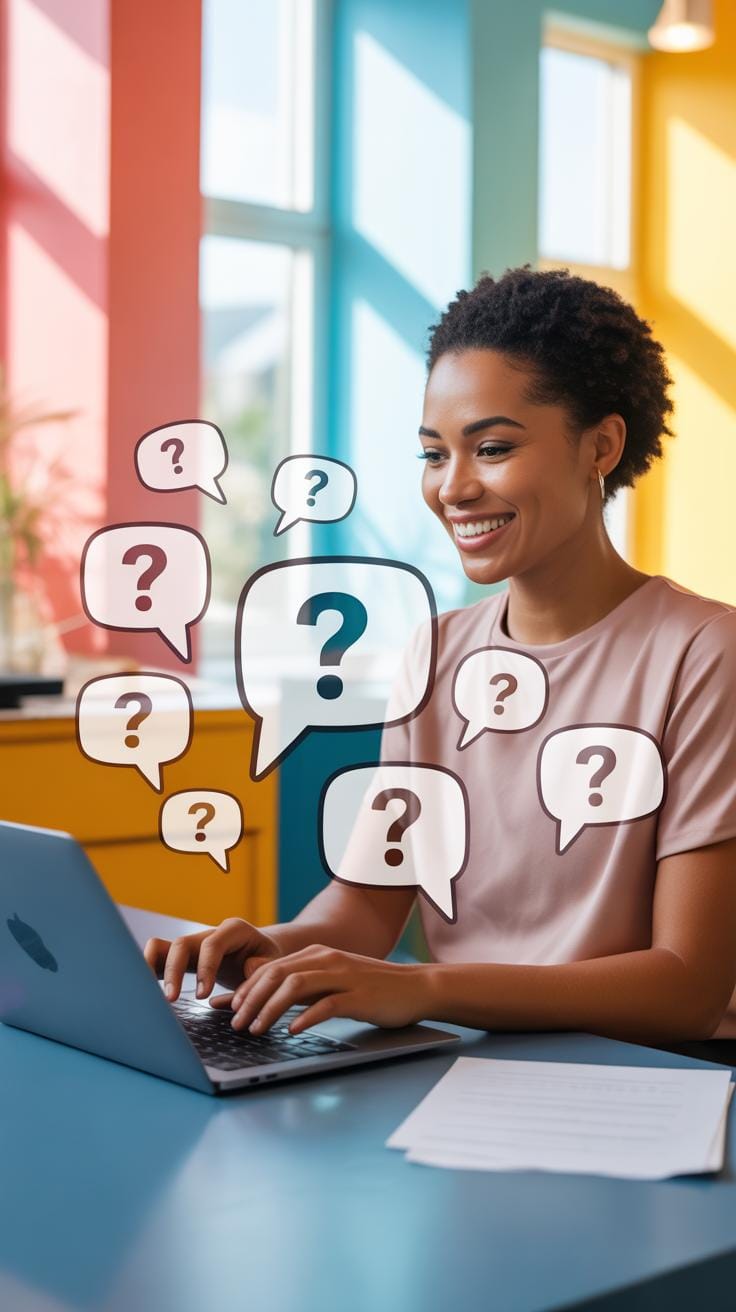 A smiling young Black woman with short curly hair sits at a desk, typing on a silver laptop, with question mark bubbles floating around her.