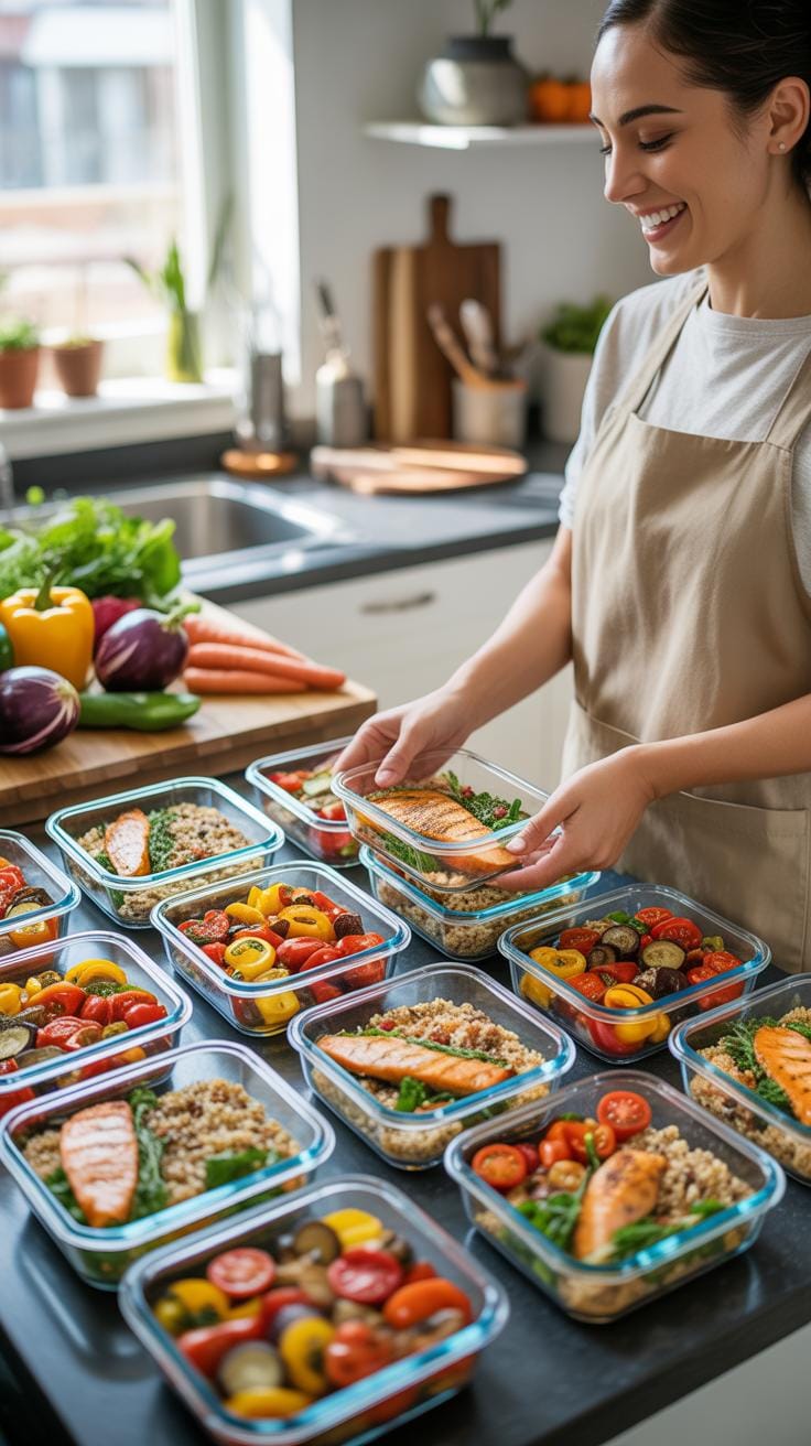 A smiling young woman in an apron stands in a bright kitchen, arranging numerous glass meal prep containers filled with salmon, grains, and vegetables