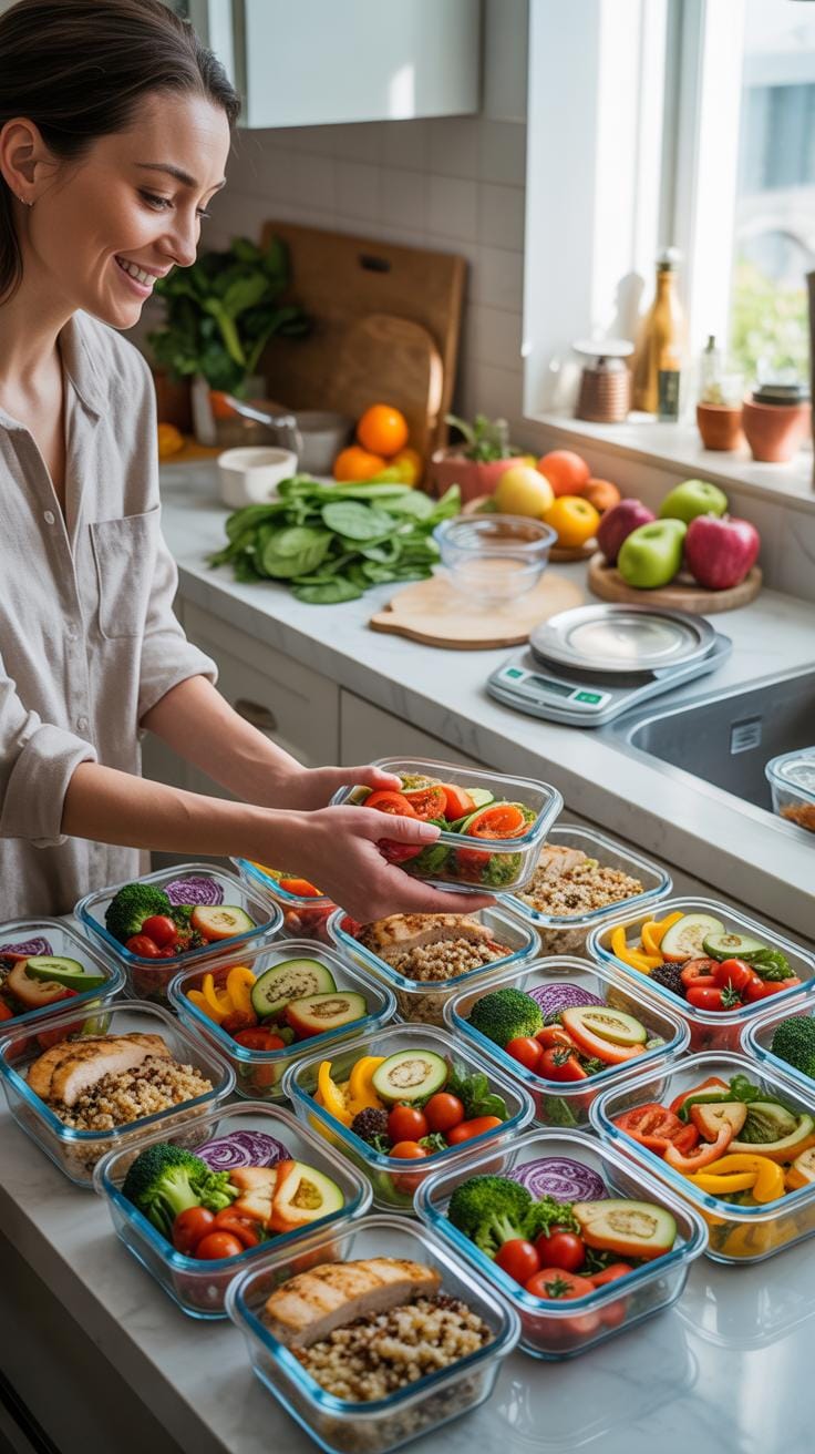 A smiling woman with dark hair in a light striped shirt stands in a well-lit kitchen, holding a glass meal prep container filled with food over a coun