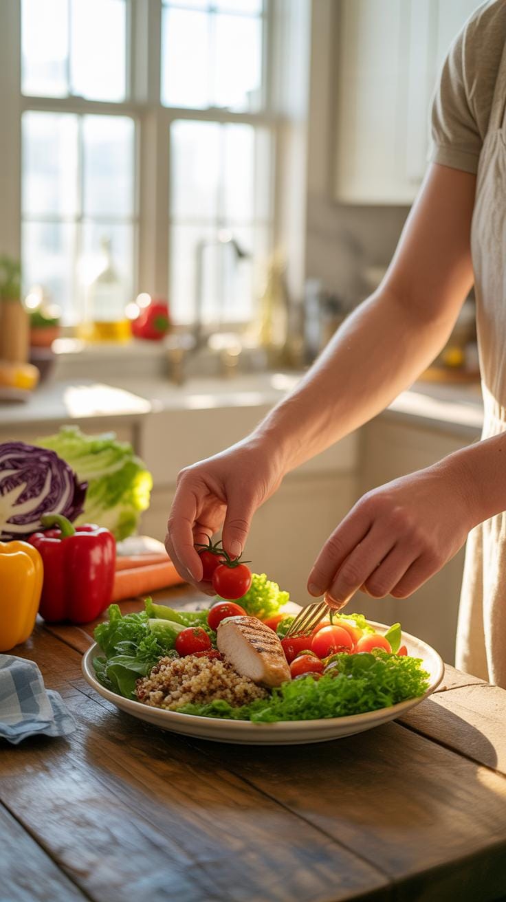 A person is arranging fresh ingredients onto a large, healthy salad on a rustic wooden table in a bright kitchen, with a window in the background.
