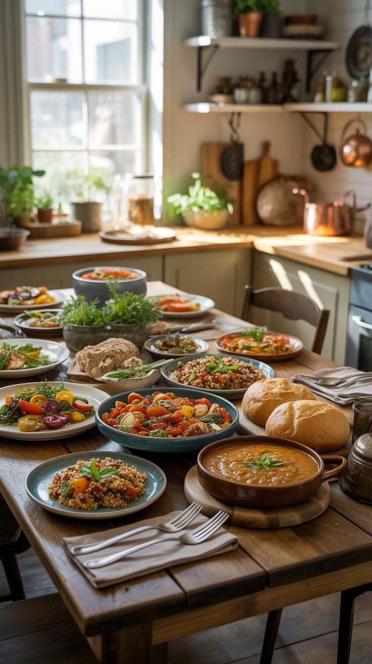 A rustic wooden dining table in a sunlit kitchen is laden with a wide variety of colorful dishes, including pasta, salads, soups, bread, and bowls of