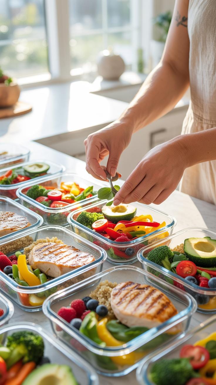 A person is arranging slices of avocado into a clear glass container filled with grilled chicken, colorful vegetables, and berries, part of a larger b