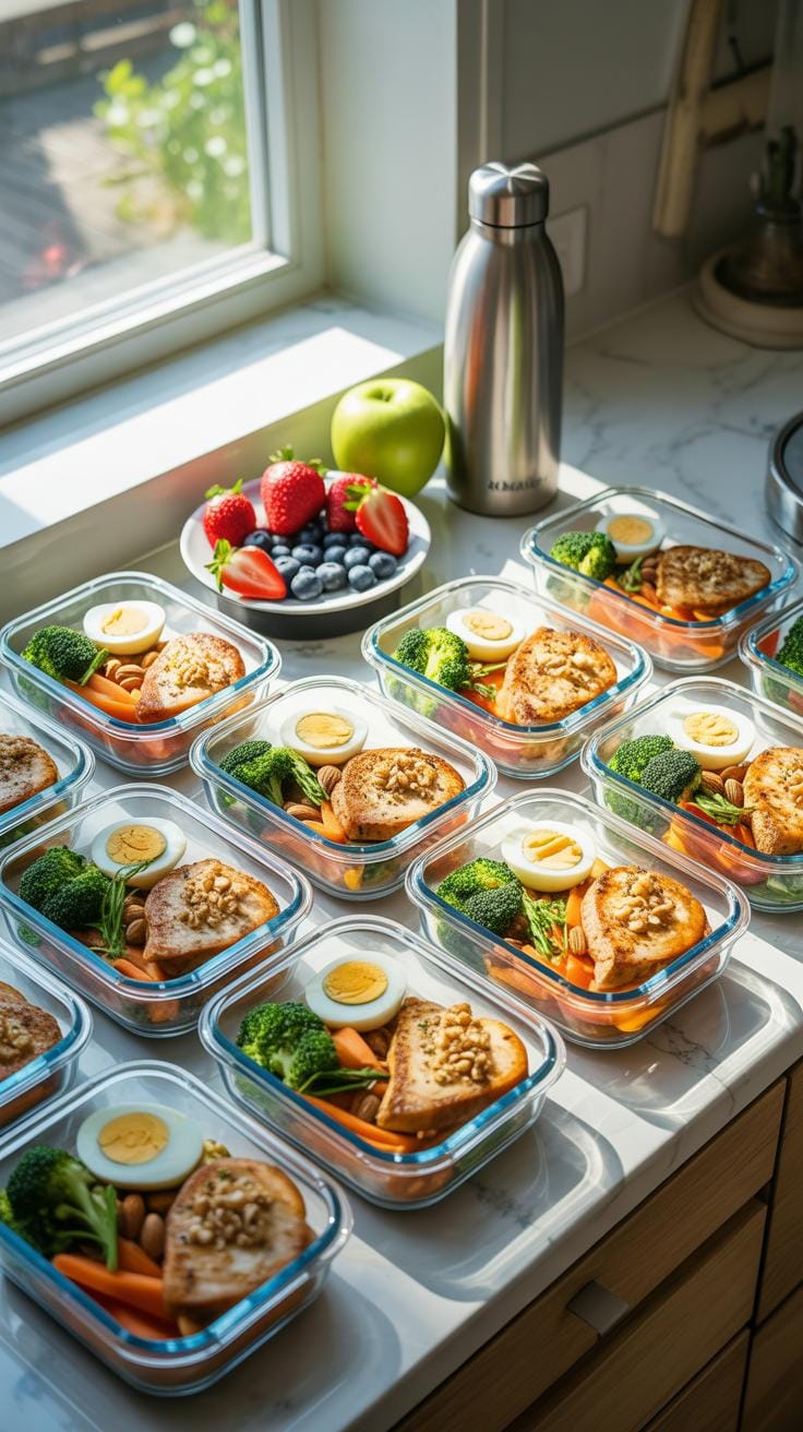 Many glass meal prep containers filled with cooked salmon, broccoli, carrots, and a hard-boiled egg are neatly arranged on a white countertop bathed i