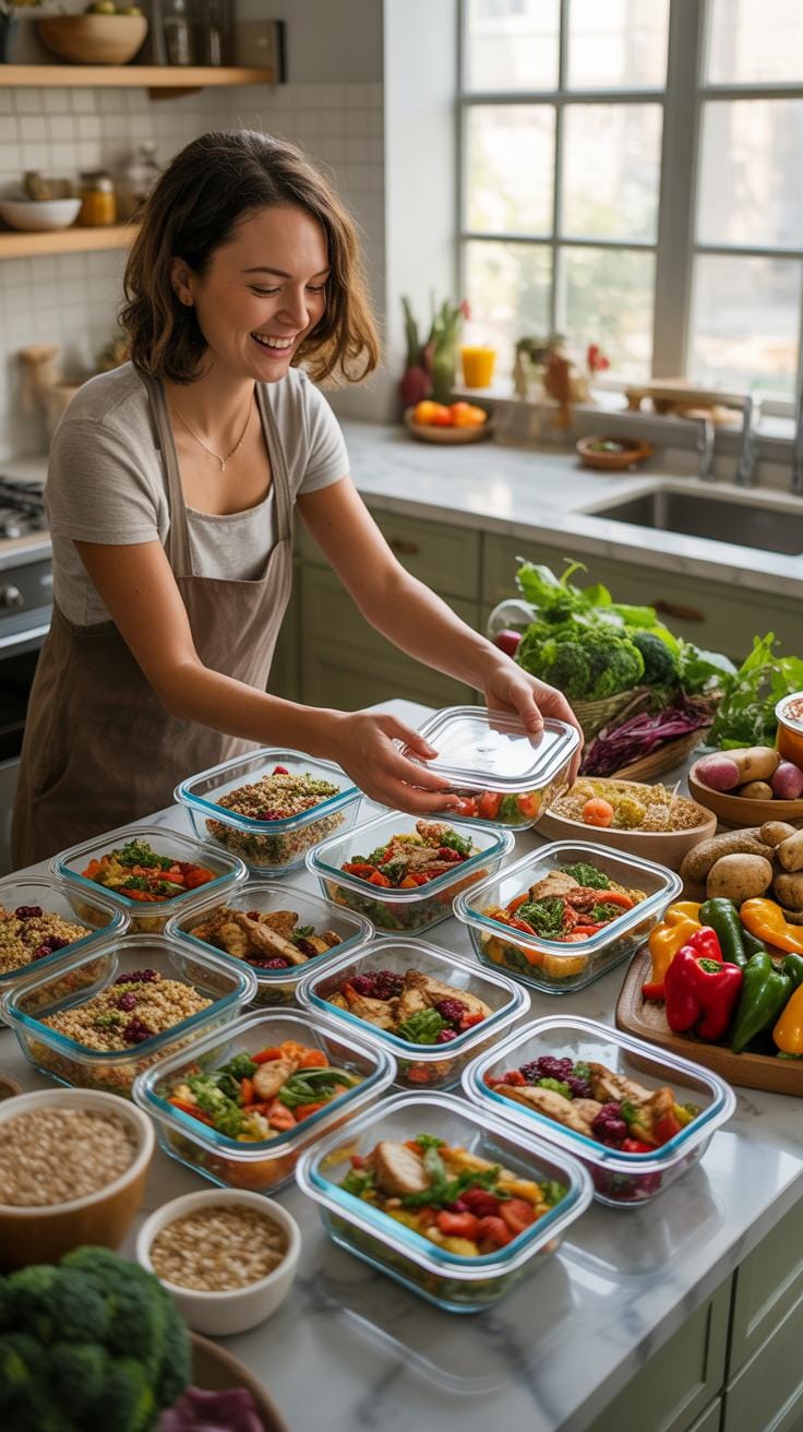 A smiling young woman with short brown hair and a neutral-colored apron stands in a bright kitchen, placing a lid on a glass meal prep container fille