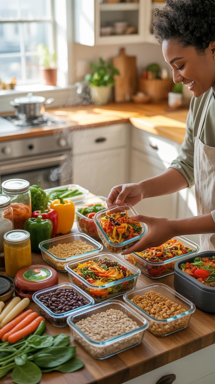 A smiling Black woman with curly hair is in a sunlit kitchen, carefully placing a glass container filled with colorful prepared food onto a wooden cou