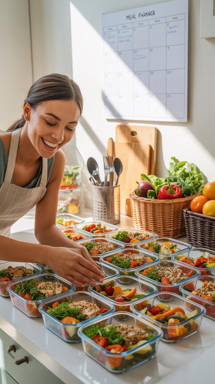 A smiling young woman in an apron stands at a kitchen counter, surrounded by numerous glass meal prep containers filled with various healthy foods, wh