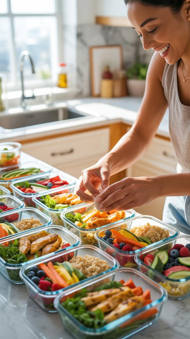 A smiling young woman in a bright kitchen prepares several glass containers with pre-portioned healthy meals.