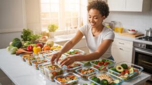 A smiling Black woman with short curly hair is standing in a brightly lit kitchen, meticulously arranging numerous glass meal prep containers filled w