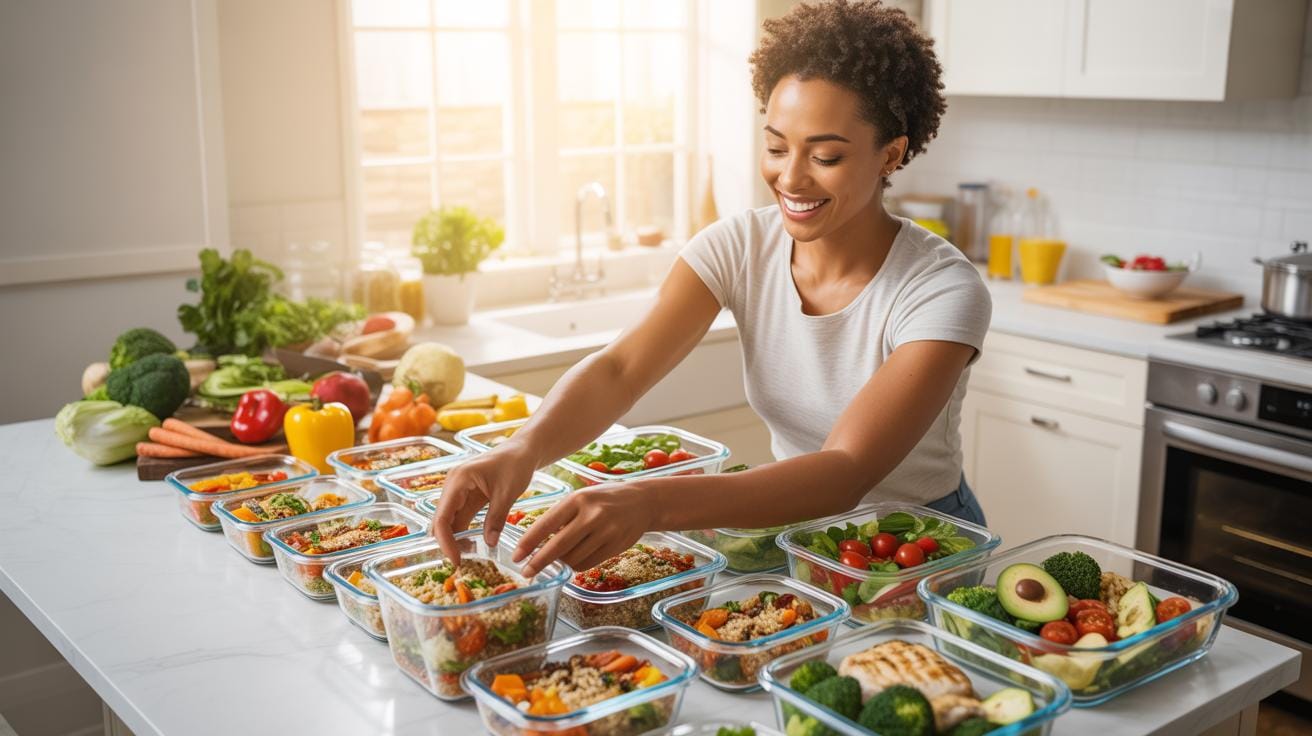 A smiling Black woman with short curly hair is standing in a brightly lit kitchen, meticulously arranging numerous glass meal prep containers filled w