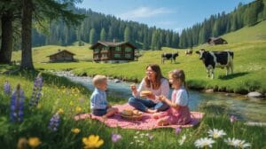 A mother and her two young children are enjoying a picnic on a red and white checkered blanket by a stream in a lush green mountain meadow. In the bac