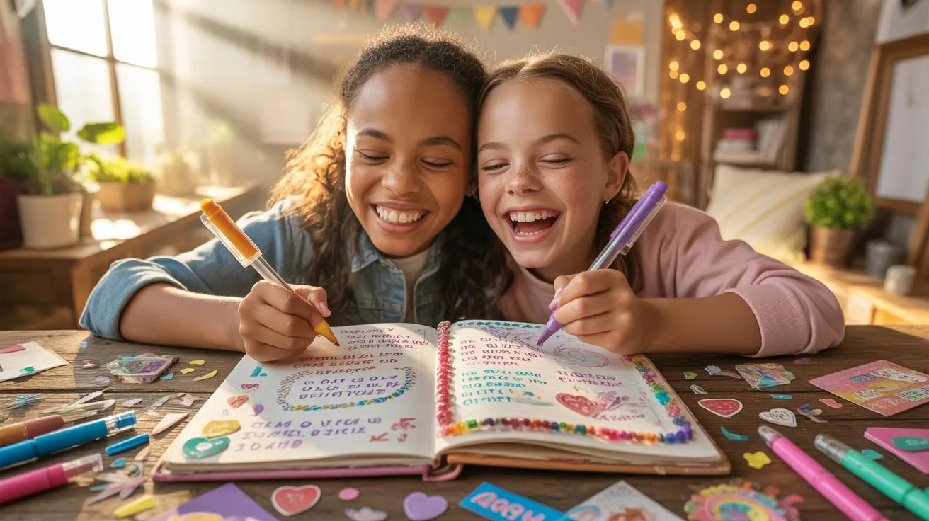 Two young girls, one with curly dark hair and the other with straight light brown hair, laugh together while writing in a colorful, decorated journal
